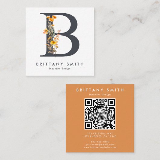 Boho-wildbloem initiaal B QR-code Vierkante Visitekaartje (Voorkant / Achterkant)