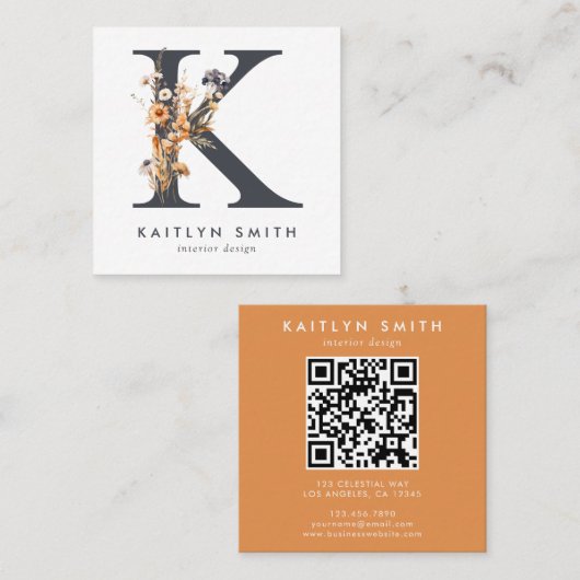 Boho-wildbloem-initiaal K-QR-code Vierkante Visitekaartje (Voorkant / Achterkant)