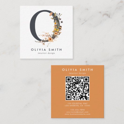 Boho-wildbloem Initiaal O QR-code Vierkante Visitekaartje (Voorkant / Achterkant)