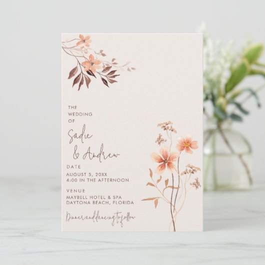 Boho Wildbloem Rustieke Outdoor Bruiloft Uitnodigi Kaart (Staand voorkant)