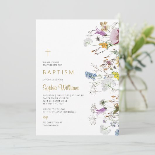 Boho Wildbloemen Baptisme Invitation Kaart (Staand voorkant)