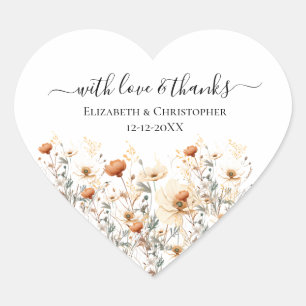 Boho-wildbloemen beige trouwgunststickers hart sticker