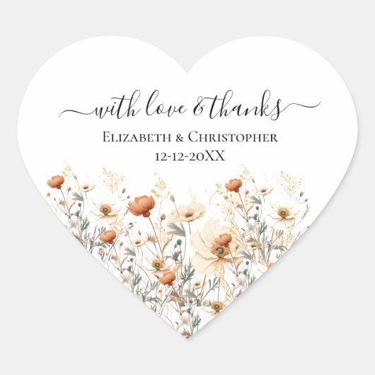 Boho-wildbloemen beige trouwgunststickers hart sticker (Voorkant)
