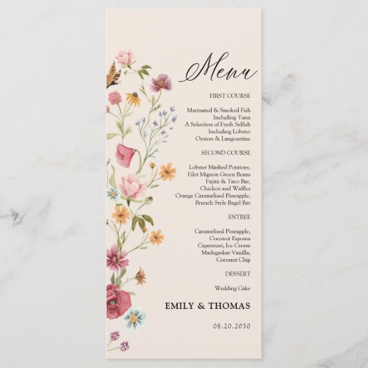 Boho Wildbloemen Bruiloft Menu (Voorkant)