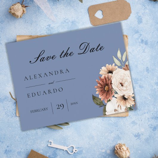 Boho Wildbloemen Dusty Blue Wedding Save the Date Aankondigingskaart