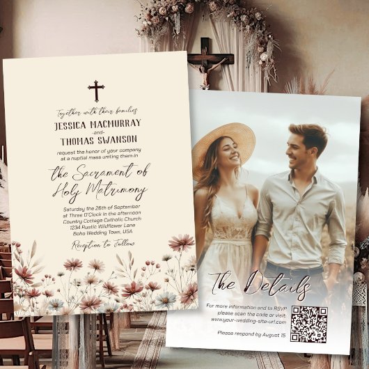 Boho-wildbloemen Foto & QR-code Katholieke Bruilof Kaart