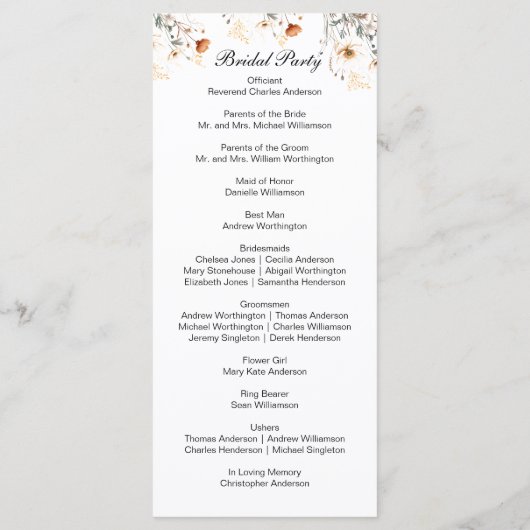 Boho Wildbloemen Geel Beige Trouwprogramma Menu (Achterkant)