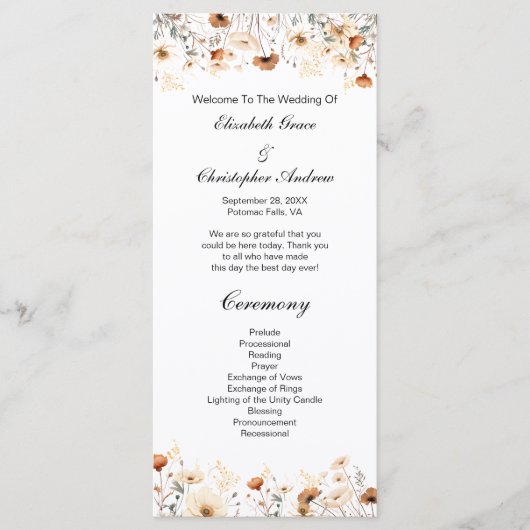 Boho Wildbloemen Geel Beige Trouwprogramma Menu (Voorkant)