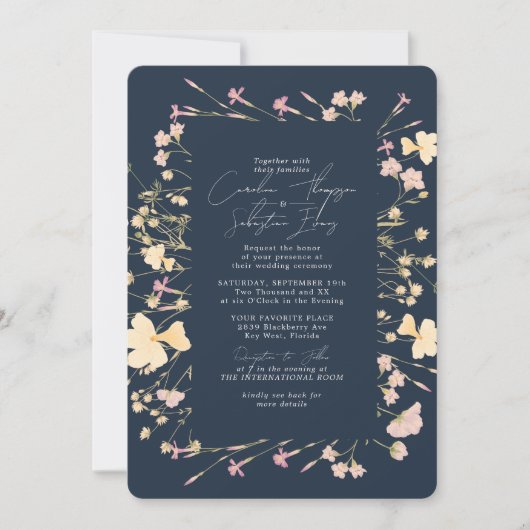 Boho Wildbloemen Lijst Navy RSVP QR Code Bruiloft Kaart (Voorkant)