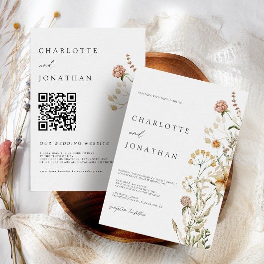 Boho Wildbloemen Minimale QR Code Wedding Kaart