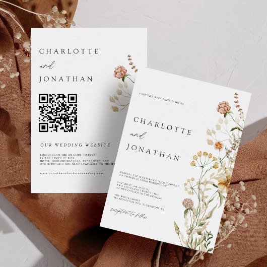 Boho Wildbloemen Minimale QR Code Wedding Kaart