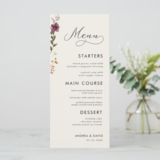 Boho Wildbloemen Monogram Bruiloft Drie gangen Menu (Staand voorkant)