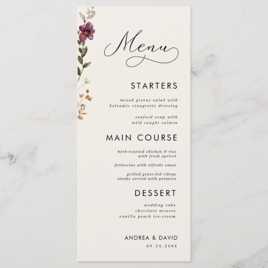 Boho Wildbloemen Monogram Bruiloft Drie gangen Menu (Voorkant)