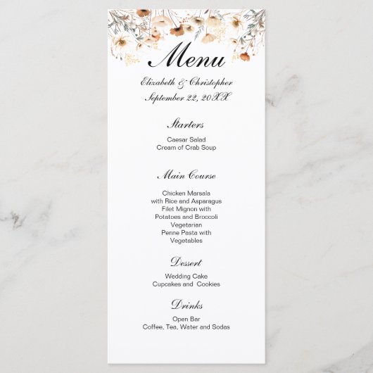 Boho Wildbloemen Neutrale kleuren Bruiloft Menu (Voorkant)