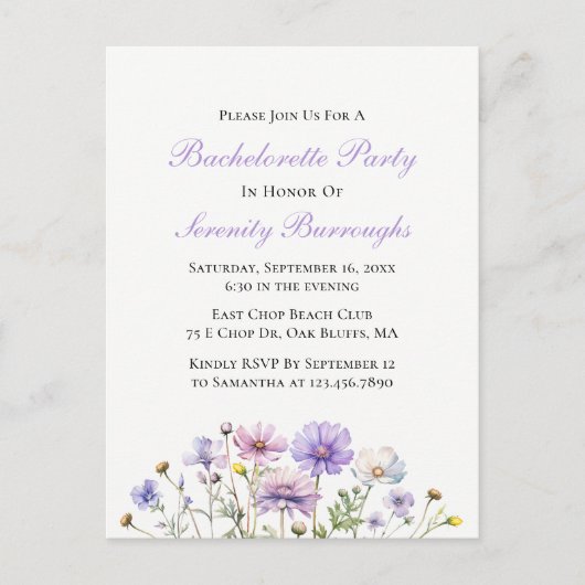 Boho Wildbloemen Paarse Bloemen Bachelorette Party Uitnodiging Briefkaart (Voorkant)