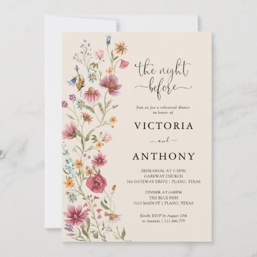 Boho Wildbloemen repetitie diner uitnodiging (Voorkant)