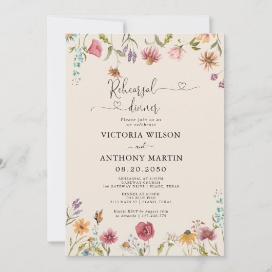 Boho Wildbloemen repetitie diner uitnodiging (Voorkant)