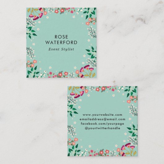 Boho Wildbloemen - Robin's Egg Blue Vierkante Visitekaartje (Voorkant / Achterkant)