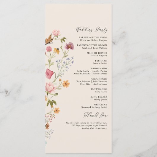 Boho Wildbloemen Trouwprogramma Programmakaart (Achterkant)