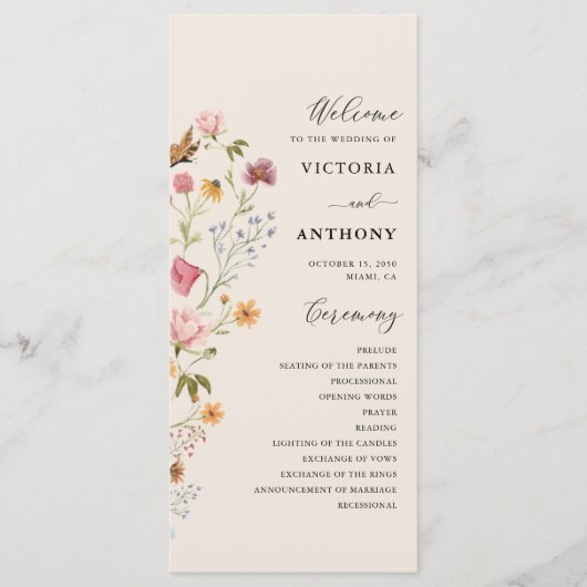 Boho Wildbloemen Trouwprogramma Programmakaart (Voorkant)