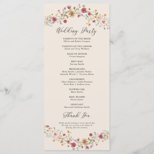 Boho Wildbloemen Trouwprogramma Programmakaart (Achterkant)