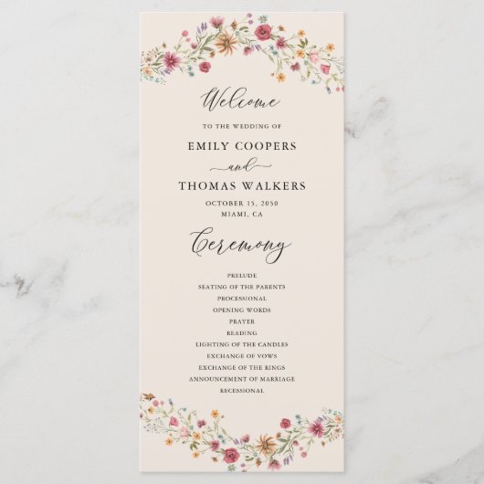 Boho Wildbloemen Trouwprogramma Programmakaart (Voorkant)