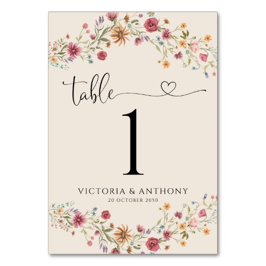 Boho Wildbloemen Trouwtafel nummers Kaart (Voorkant)