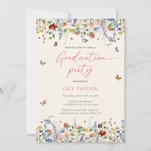 Boho Wildbloemen & Vlinders Foto Afstuderen Kaart (Voorkant)