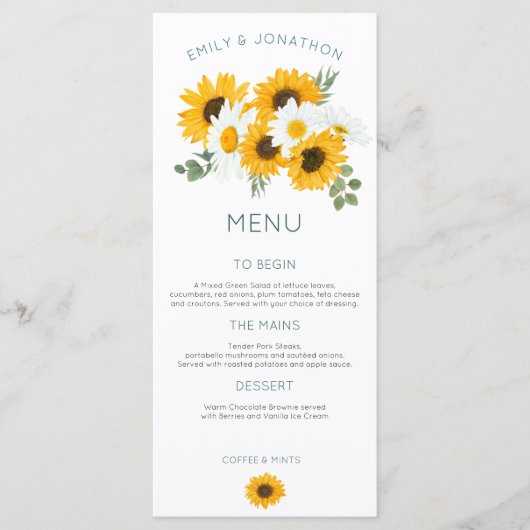 Boho Wildbloemen Zonnebloemen Wedden Menu (Voorkant)