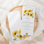 Boho Wildbloemen Zonnebloemen Wedden Menu<br><div class="desc">Mooie zonnebloemen en bloemen voor je trouwtafels met mooie boeket van wilde bloemen bovenaan met je namen, gebogen boven, een zonnebloemotief onderaan en coördinerend bloemen achteraan. De typografie is simplistisch en stijlvol en is eenvoudig aan uw eigen details te aanpassen. U kunt ook de lettertypestijl en -kleuren en de achtergrondkleuren...</div>