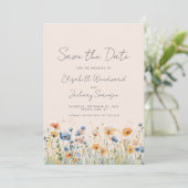 Boho-wildbloemrand oranje blauw blozend trouwen save the date (Staand voorkant)