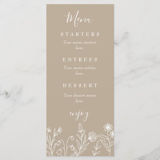 Boho wilde bloem aardse bruine trouw menu (Voorkant)