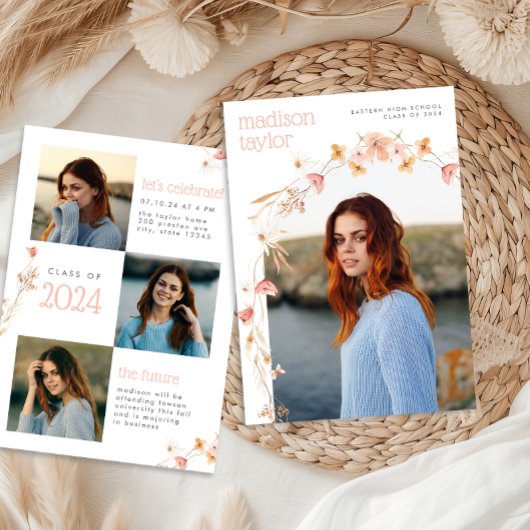 Boho Wilde Bloem Afstudeerfoto Uitnodiging