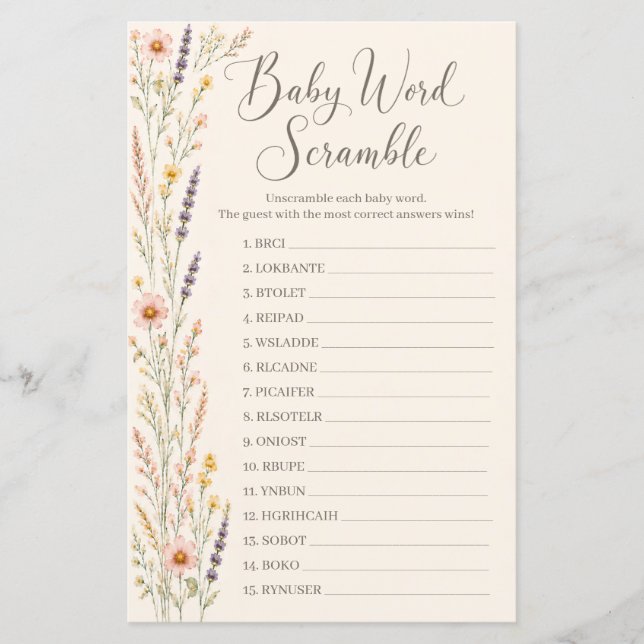 Boho Wilde Bloem Baby Shower Woordzoekspel (Voorkant)