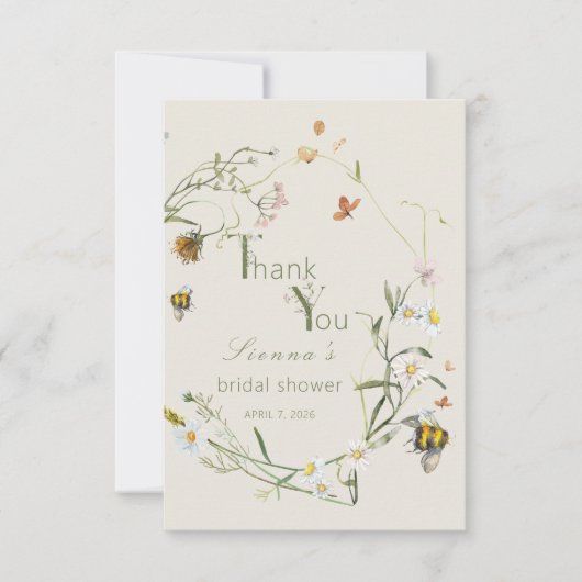 Boho Wilde Bloem Bij Bruidsbeige Bruiloft Bedankkaart (Voorkant)