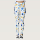 Boho wilde bloem blauwe gele bloem yoga leggings (Voorkant)