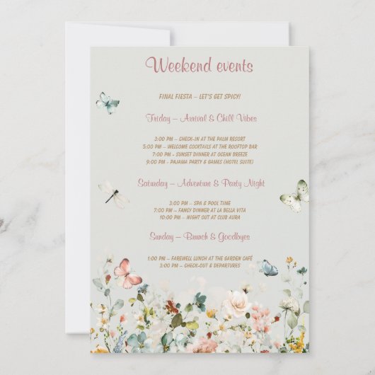 Boho Wilde Bloem Bruidsfeest Itinerary Sjabloon Kaart (Achterkant)