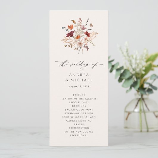 Boho Wilde Bloem Bruiloft Elegant Herfst Programmakaart (Staand voorkant)