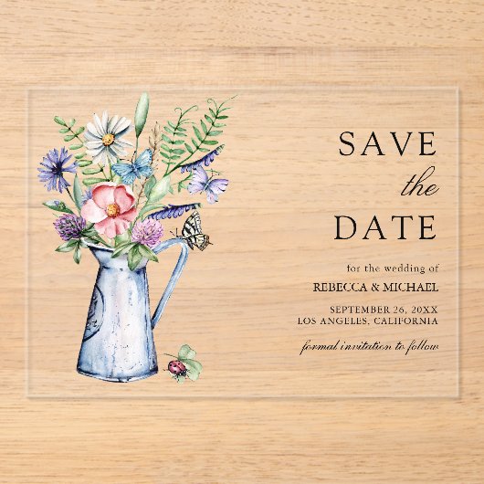 Boho Wilde Bloem Bruiloft Save the Date Acryl Uitnodigingen (Voorkant)