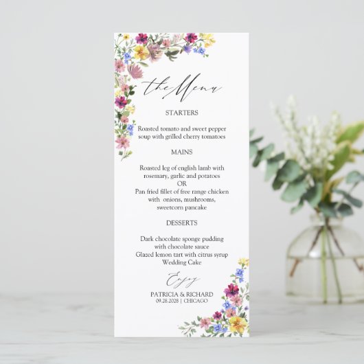 Boho Wilde Bloem Bruiloftsmenu Kaarten (Staand voorkant)