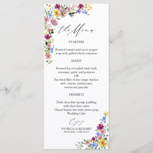 Boho Wilde Bloem Bruiloftsmenu Kaarten (Voorkant)