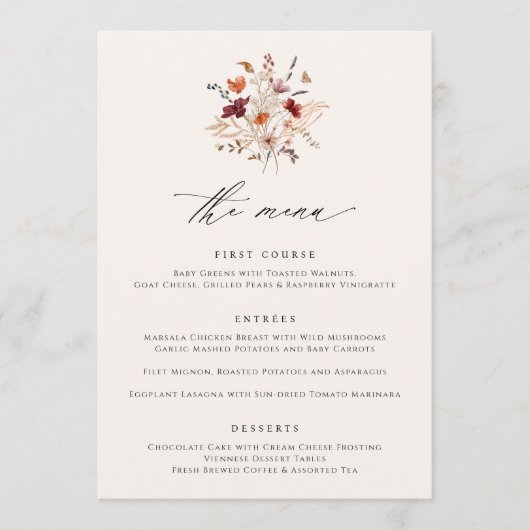 Boho Wilde Bloem Bruiloftsmenu's Herfst Menu (Voorkant)
