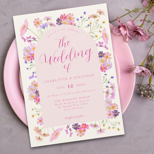 Boho Wilde Bloem Elegante Roze Bruiloft Kaart