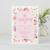 Boho Wilde Bloem Elegante Roze Bruiloft Kaart (Staand voorkant)