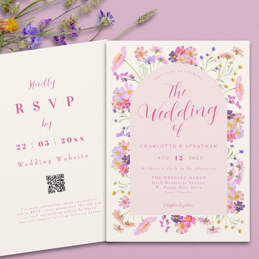 Boho Wilde Bloem Elegante Roze QR Code Trouwen Kaart