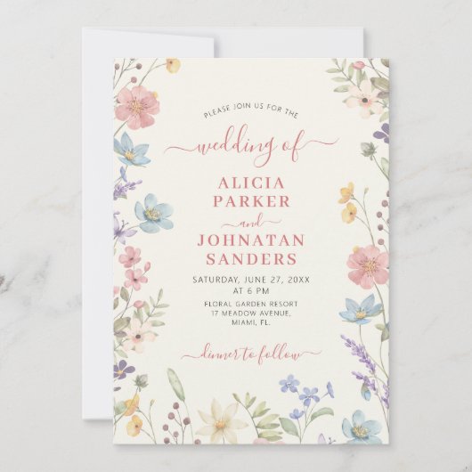 Boho wilde bloem elegante script QR-code bruiloft Kaart (Voorkant)
