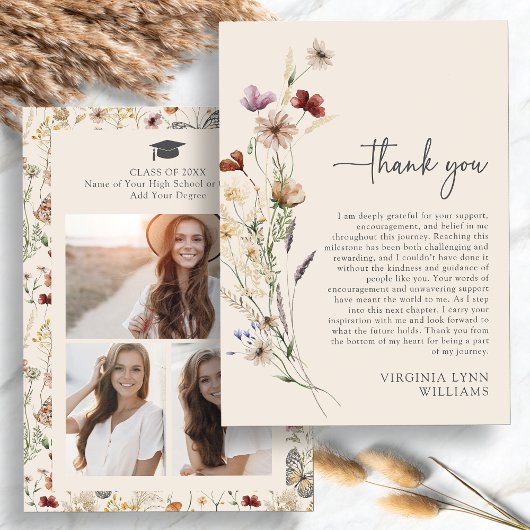 Boho Wilde Bloem Foto Afstuderen Bedankkaart