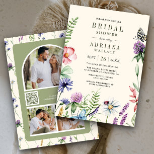 Boho Wilde Bloem Foto QR Code Crème Bruiloftsdouch Kaart