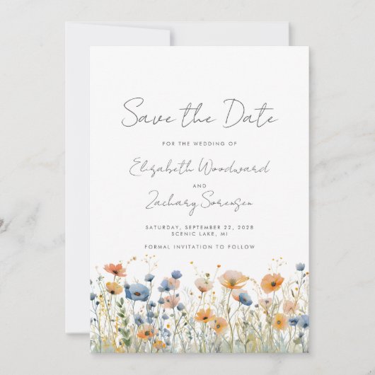 Boho Wilde Bloem Grens Oranje Blauwe Trouw Save The Date (Voorkant)