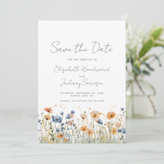 Boho Wilde Bloem Grens Oranje Blauwe Trouw Save The Date (Staand voorkant)
